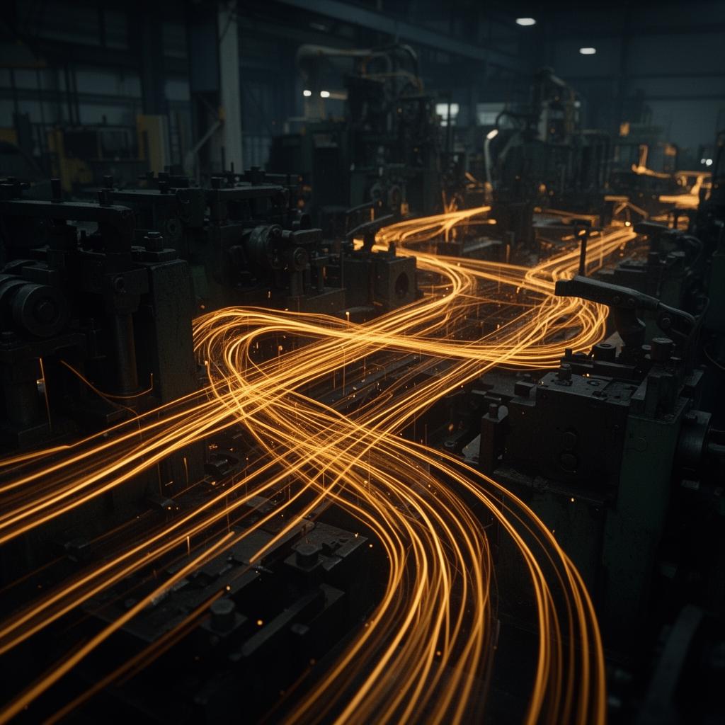 Abstract visualization of glowing amber data flows through industrial machinery